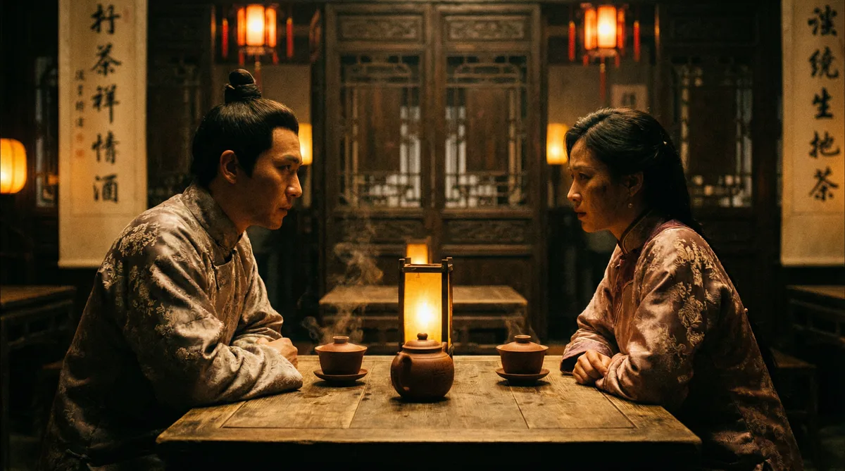 看片古装剧情片拍摄剧照-茶馆对话场景