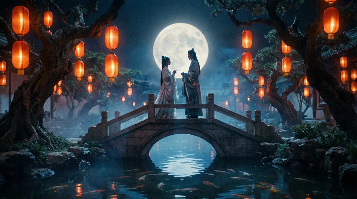 看片古典爱情片拍摄剧照-月下花园场景